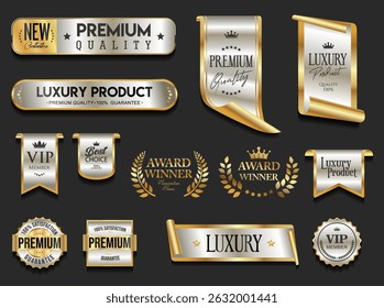 Golden luxury labels and badges gold premium quality certificate ribbons vector illustration 