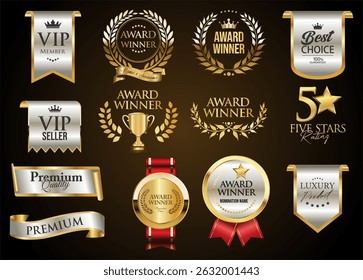Golden luxury labels and badges gold premium quality certificate ribbons vector illustration 