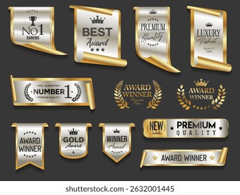Golden luxury labels and badges gold premium quality certificate ribbons vector illustration 