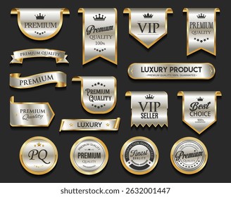 Golden luxury labels and badges gold premium quality certificate ribbons vector illustration 