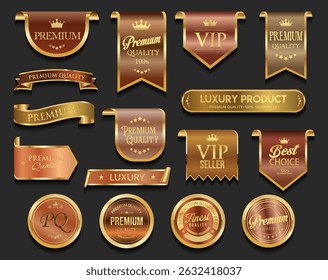 Golden luxury labels and badges gold premium quality certificate ribbons vector illustration 