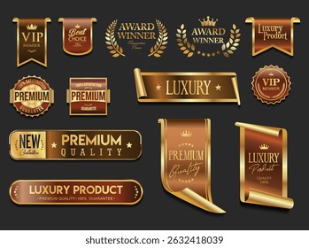 Golden luxury labels and badges gold premium quality certificate ribbons vector illustration 