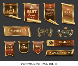 Golden luxury labels and badges gold premium quality certificate ribbons vector illustration 