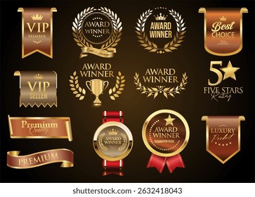 Golden luxury labels and badges gold premium quality certificate ribbons vector illustration 