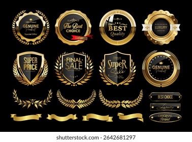 Golden luxury labels and badges gold premium quality certificate ribbons vector illustration.Gold shield with laurel wreath