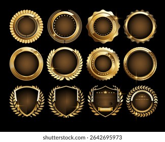 Golden luxury labels and badges gold premium quality certificate ribbons vector illustration.Gold shield with laurel wreath.
