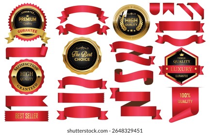 Golden luxury labels and badges gold premium quality certificate ribbons vector illustration.Gold shield with laurel wreath.