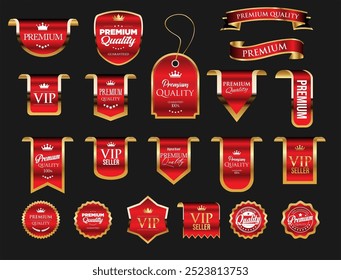 Golden luxury labels and badges premium quality certificate ribbons vector illustration 