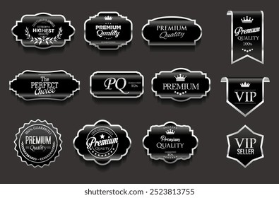 Golden luxury labels and badges premium quality certificate ribbons vector illustration 