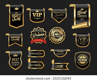 Golden luxury labels and badges premium quality certificate ribbons vector illustration