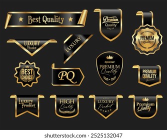 Golden luxury labels and badges premium quality certificate ribbons vector illustration