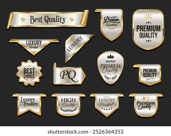 Golden luxury labels and badges premium quality certificate ribbons vector illustration