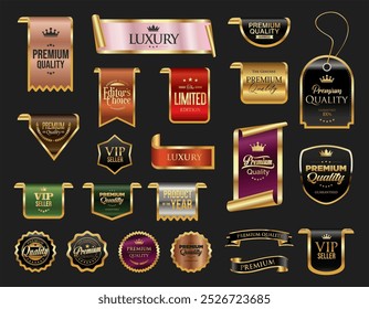 Golden luxury labels and badges premium quality certificate ribbons vector illustration 