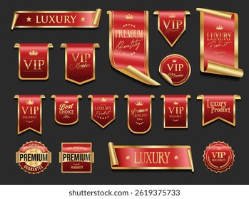 Golden luxury labels and badges premium quality certificate ribbons vector illustration 