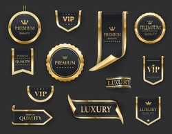 Goldene Luxus-Etiketten Und Banner, Gold Premium-Qualitätszertifikat-Bänder, Vektorgrafiken. Luxuriöse VIP-Zeichen Und Hochwertige Aufkleber Und Banner Für Beste Produktversiegelung Und Banner Mit Goldener Krone