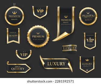 Golden luxury labels and banners, gold premium quality certificate ribbons, vector badges. Luxury VIP and premium quality sticker tags and banners for best product seals and banners with golden crown