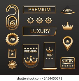 Golden luxury labels and banners, gold premium quality certificate ribbons, vector badges. Luxury VIP and premium quality sticker tags and banners for best product seals and banners with golden crown