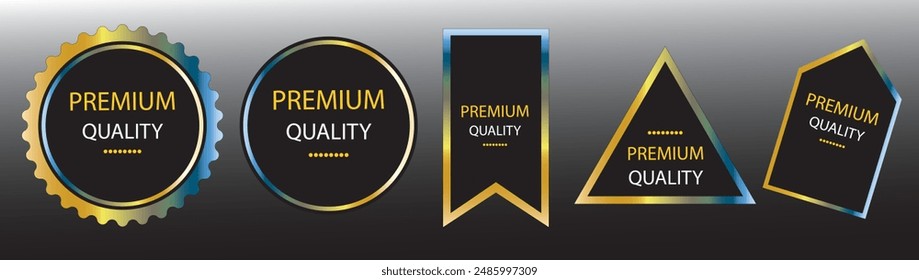 Golden luxury labels and banners, gold premium quality certificate ribbons, vector badges. premium quality sticker tags and banners for best 