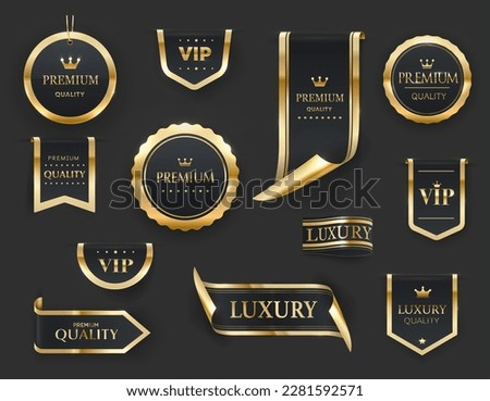 Golden luxury labels and banners, gold premium quality certificate ribbons, vector badges. Luxury VIP and premium quality sticker tags and banners for best product seals and banners with golden crown