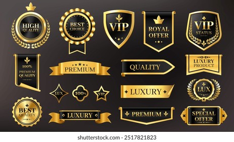 Etiquetas de luxo dourado. Emblemas de qualidade premium com estrelas douradas e fitas para a classificação do produto. Adesivos brilhantes e selo para o conjunto de certificados vetoriais.