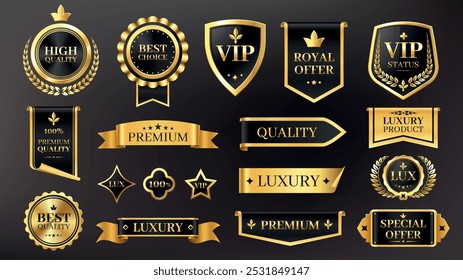 Etiquetas de lujo doradas. Insignias de calidad de Premium con estrellas doradas y cintas para la calificación del producto. Pegatinas brillantes y sello para el conjunto de Vector de certificado.