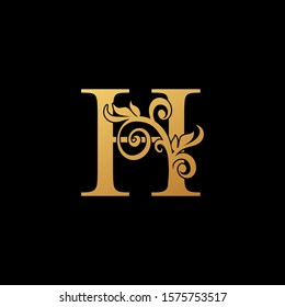 Golden Luxury Letter H logo icon, vintage design concept floral leaves with letter H gold color for initial, luxuries business, hotel, wedding service and more brand identity.