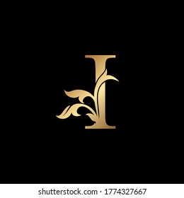 Golden Luxury Letter I Initial Logo Icon Template Design. Monogram ornate nature floral leaf with initial letter gold color.