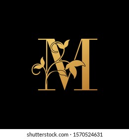 Golden Luxury Letter M logo icon. Design concept logo  letter M with  leaves golden color for luxuries, initial, fashion, restaurant, cafe, hotel and more brand identity.