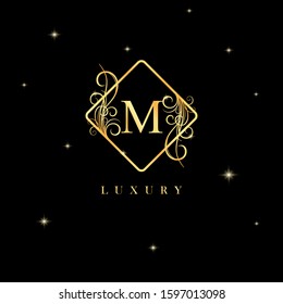 Golden luxury letter M logo template with Calligraphy vector element. Golden Symbol logo vector illustration. Golden luxury icon