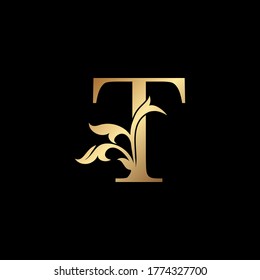 Golden Luxury Letter T Initial Logo Icon Template Design. Monogram ornate nature floral leaf with initial letter gold color.