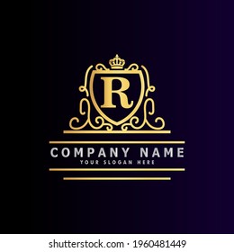 Golden luxury logo design, brand premium logo template letter R