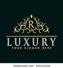 Golden luxury logo design, brand premium logo template letter R