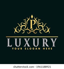 Golden luxury logo design, brand premium logo template letter P