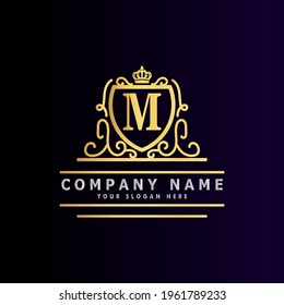 Golden luxury logo design, brand premium logo template letter M
