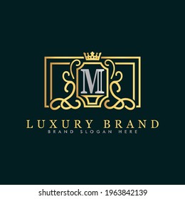 Golden luxury logo design, brand premium logo template letter m