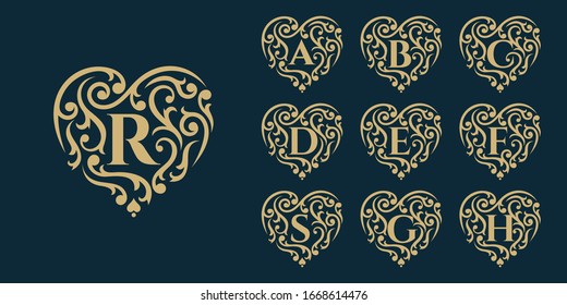 Golden Luxury Logo Template. Vintage Design Logo Icon Concept Love On Dark Background.