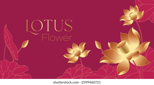 Golden luxury lotus flowers and leaves card background