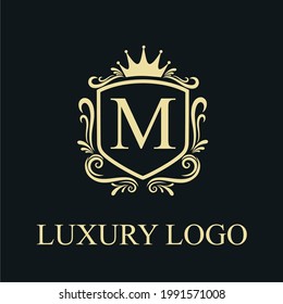 Golden Luxury M Initial Letter Logo Design Template with Shield and Floral Vintage Ornament for Royalty, Wedding, Restaurant, Salon, Boutique, Cafe, Hotel, Heraldic, Jewelry, Fashion Business Brand