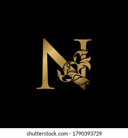 Golden Luxury N Letter Initial Logo Icon, Monogram Ornate Nature Floral Leaf Letter Logo Design.