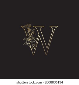 Golden Luxury Nature Flower Initial  Letter W Logo Icon, Elegance Decorative Style Vector Design.