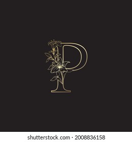 Golden Luxury Nature Flower Initial  Letter P Logo Icon, Elegance Decorative Style Vector Design.
