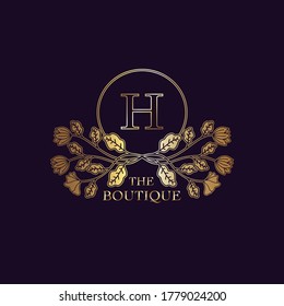 Golden Luxury Nature Leaf  Boutique  Letter H Logo template in circle frame vector design for brand identity like Restaurant, Royalty, Boutique, Cafe, Hotel, Heraldic, Jewelry, Fashion and other brand