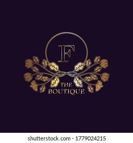 Golden Luxury Nature Leaf  Boutique  Letter F Logo template in circle frame vector design for brand identity like Restaurant, Royalty, Boutique, Cafe, Hotel, Heraldic, Jewelry, Fashion and other brand