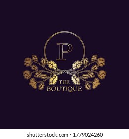 Golden Luxury Nature Leaf  Boutique  Letter P Logo template in circle frame vector design for brand identity like Restaurant, Royalty, Boutique, Cafe, Hotel, Heraldic, Jewelry, Fashion and other brand