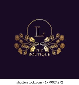 Golden Luxury Nature Leaf Boutique Letter M Plantilla de logotipo en el marco circular de diseño vectorial para la identidad de marca como Restaurante, Royalty, Boutique, Cafe, Hotel, Heraldic, Jewelry, Fashion y otras marcas