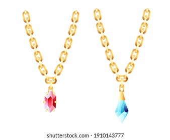 Golden luxury necklace with golden chain and red blue gems vector illustration on white background