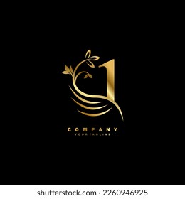 golden luxury number 1 logo with beautiful floral and feather ornament. feather logo. Typography 1, monogram 1. Suitable for logos of business, company, annual anniversary, birthday, celebration