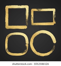 Golden luxury painted grunge vector border frames. Golden paint texture brush, glitter frame circle element illustration
