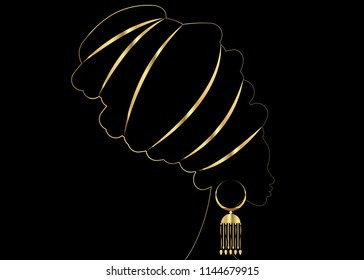 Golden luxury portrait beautiful African woman in traditional turban, Kente head wrap African, Traditional dashiki printing, black women vector gold silhouette isolated with traditional gold earrings