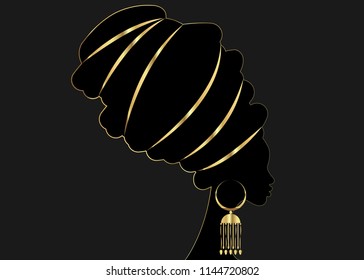 Golden luxury portrait beautiful African woman in traditional turban, Kente head wrap African, Traditional dashiki printing, black women vector gold silhouette isolated with traditional gold earrings